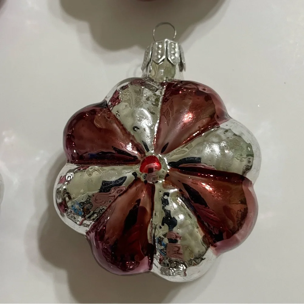 Vintage Set/10 mcm hand blown mercury glass silver red flower ornaments